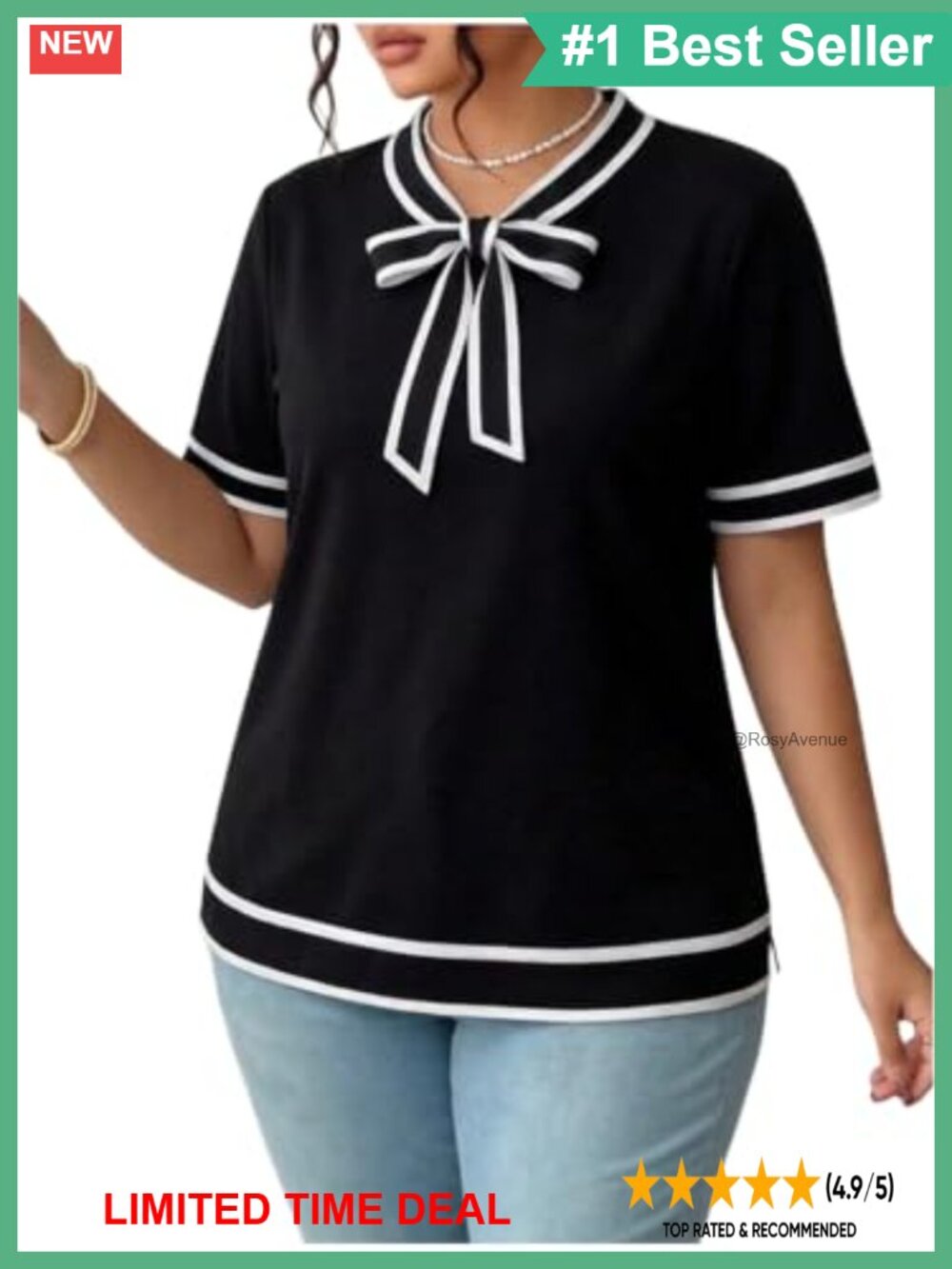 Plus Size Bow Tie Neck Short Sleeve T Shirt Casual Summer Tee